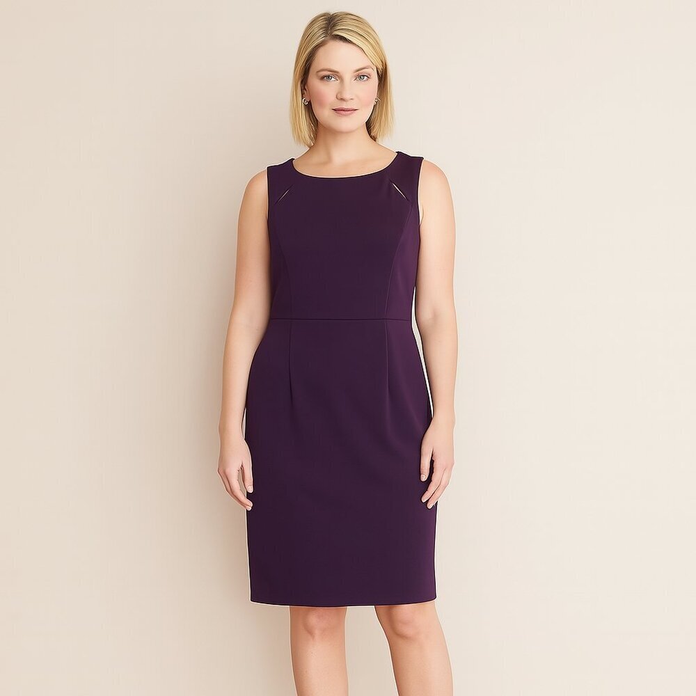 Kasper Plum Sleeveless Sheath Dress Size 10 – Elegant Cut-Out Neckline, Like New